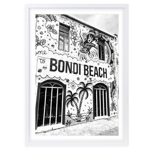  Wall Art's Welcome To Bondi Bw Large 105cm x 81cm Framed A1 Art Print 