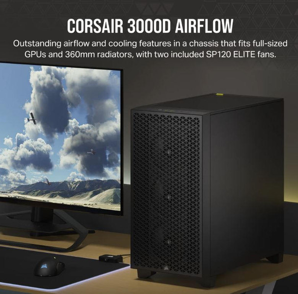  CORSAIR Carbide Series 3000D Solid Steel Front ATX Tempered Glass Black, 2x 120mm Fans pre-installed. USB 3.0 x 2, Audio I/O. Case 