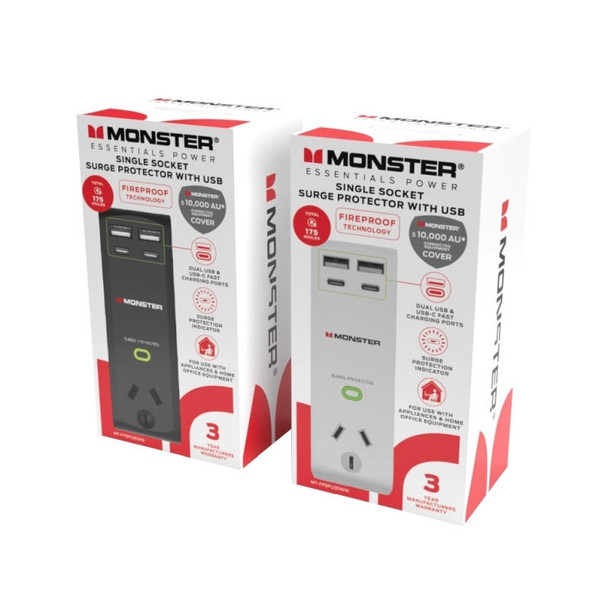  MONSTER Single Socket Surge Protector with USB-C  USB-A Ports - White 