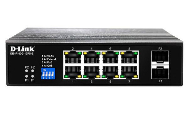 D-LINK 10-Port Gigabit Industrial PoE+ Switch with 8 PoE ports and 2 SFP ports