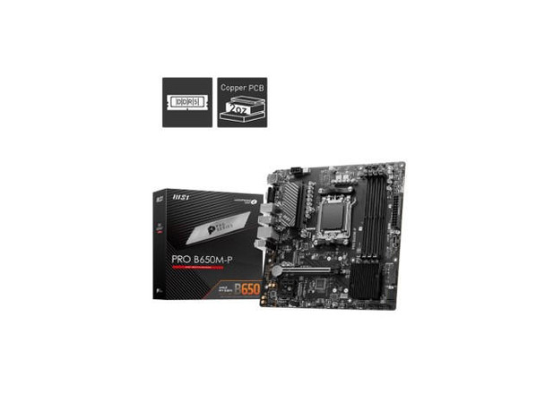  MSI PRO B650M-P AMD AM5 mATX Motherboard, 4x DDR5 ~192GB, 1x PCI-E x16, 2x PCI-E x1, 2x M.2, 4x SATA, 6x USB 3.2, 4x USB 2.0, 1x USB Type C 