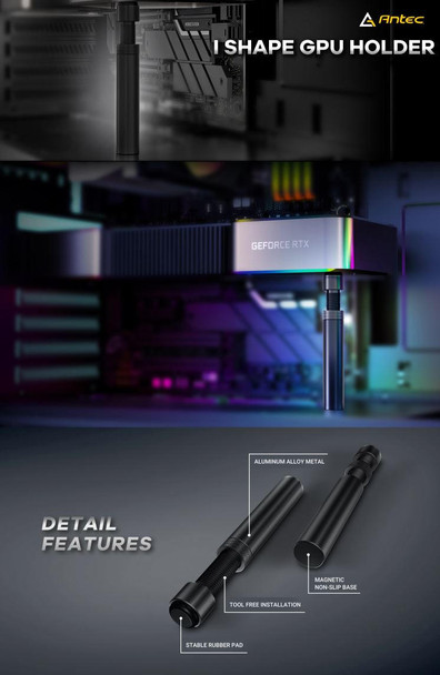  ANTEC IGPU, VGA Bracket Holder. Solid Construction & durability - Black Aluminum Alloy Metal. Magnetic Non-Slip Base, Tool Free. Stable Rubber Pad top 