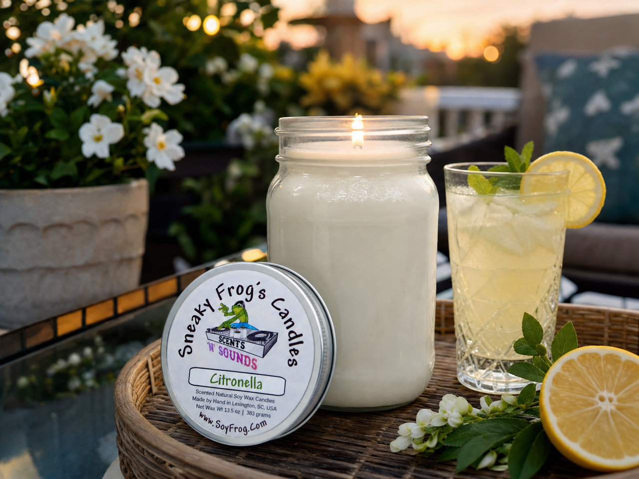 Citronella -- Sneaky Frog's Candles 16 Ounce Mason Jar, White
