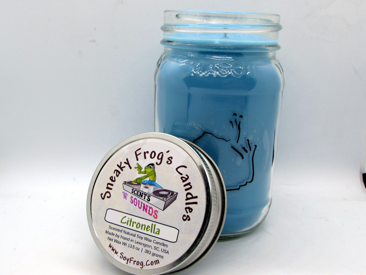 Citronella -- Sneaky Frog's Candles 16 Ounce Mason Jar, Blue