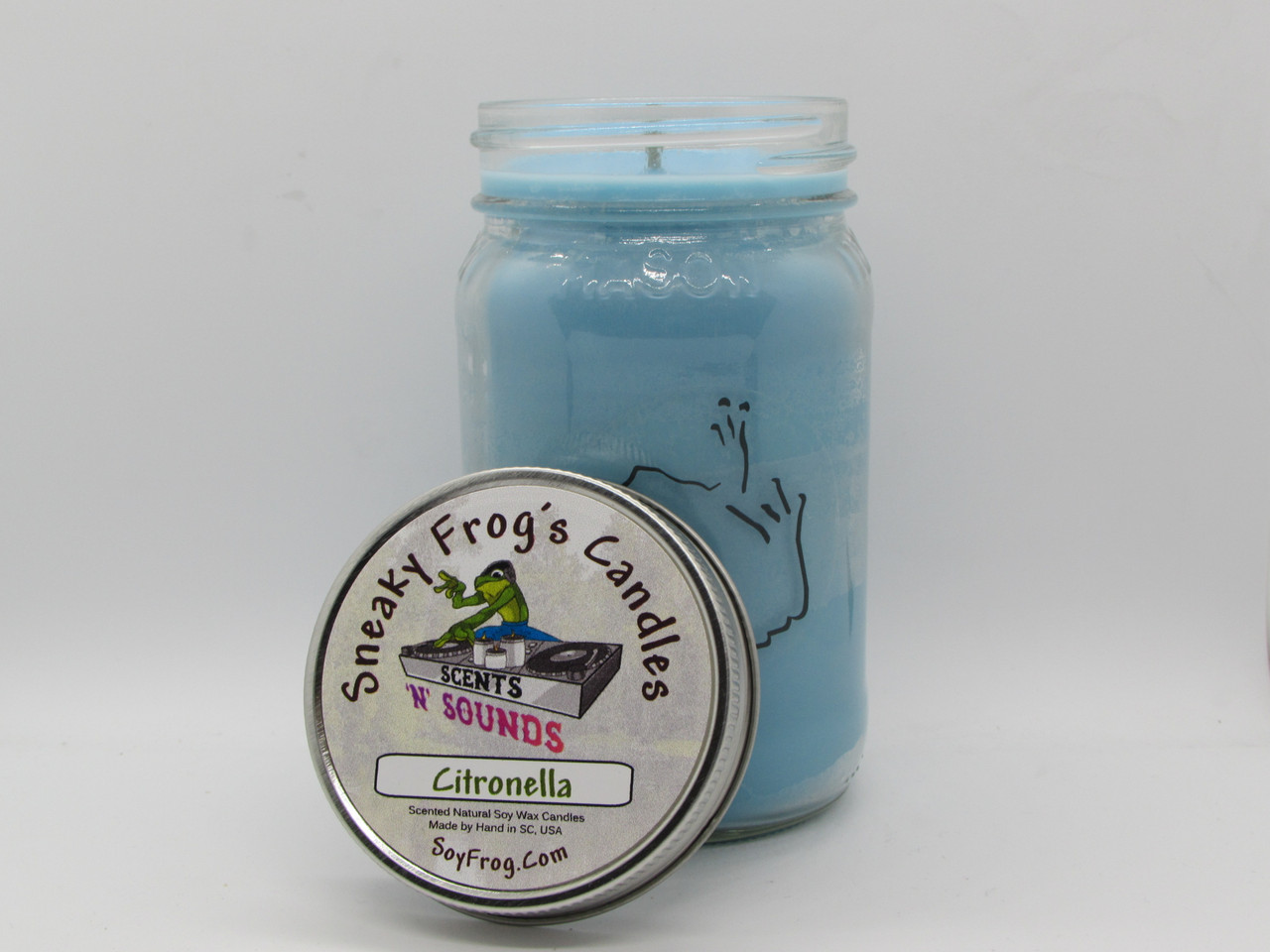 Citronella -- Sneaky Frog's Candles 16 Ounce Mason Jar, Blue