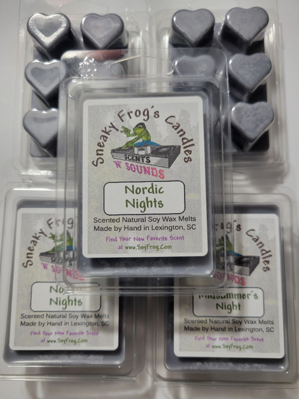 Sneaky Frog's Darkness Heart Shaped Scented Natural Soy Wax Wax Melts.  Nordic Nights & Midsummer's Night Scents, Black Sneaky Frog's T-Shirt (Large), Koozies, Stickers w/ a Gift Bag.