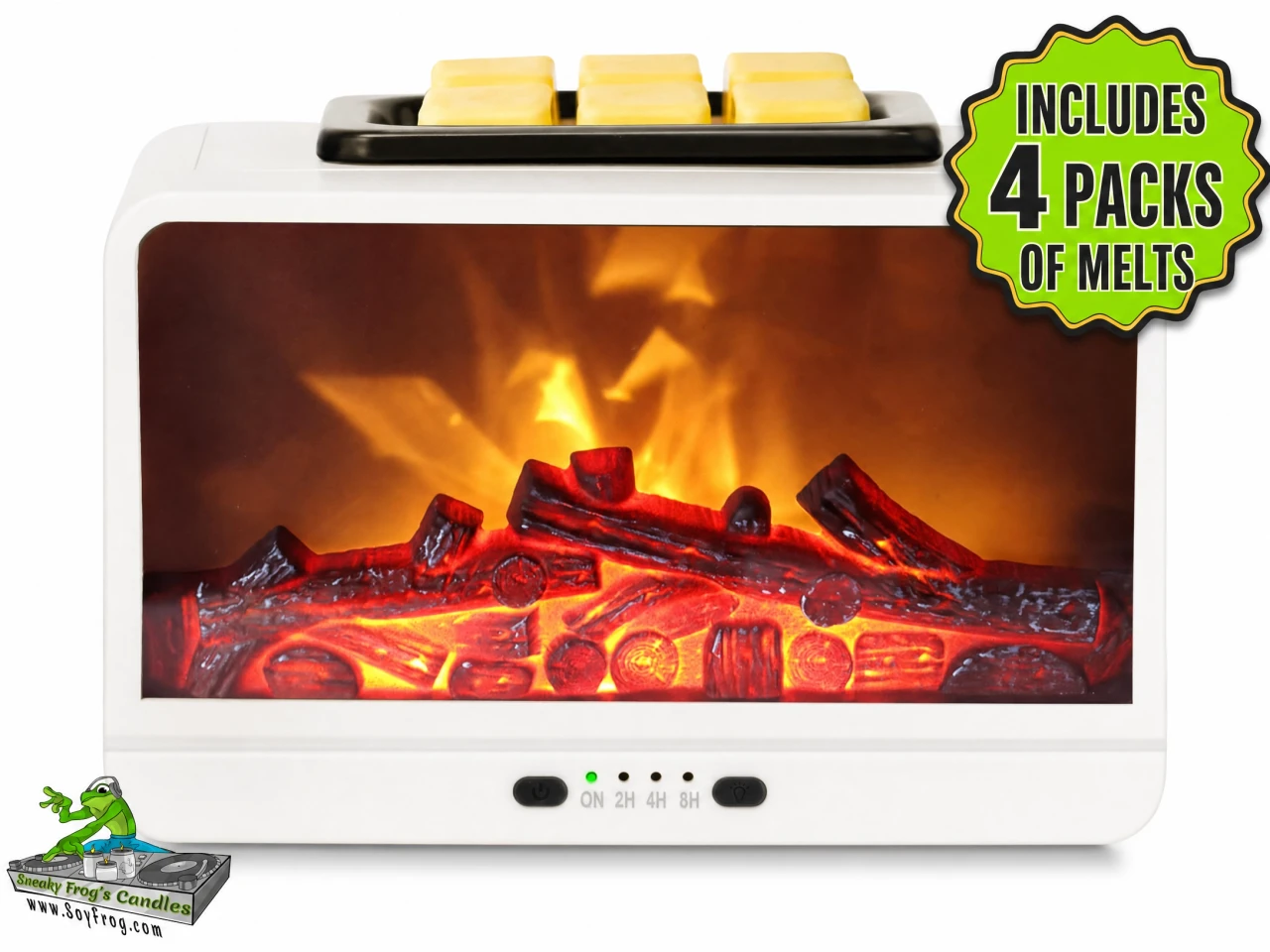 Electric Wax Melt Warmer w/ Active Fireplace Glow Lighting and 4-Mode Timer -- White Finish -- w/ 4 Scented Wax Packs