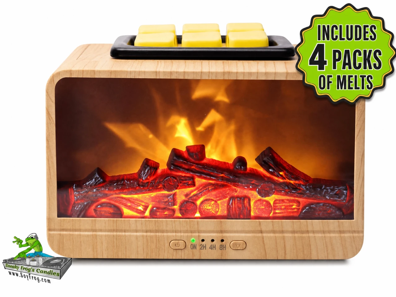 Electric Wax Melt Warmer w/ Active Fireplace Glow Lighting and 4-Mode Timer -- Wood Grain Finish -- w/ 4 Scented Wax Packs