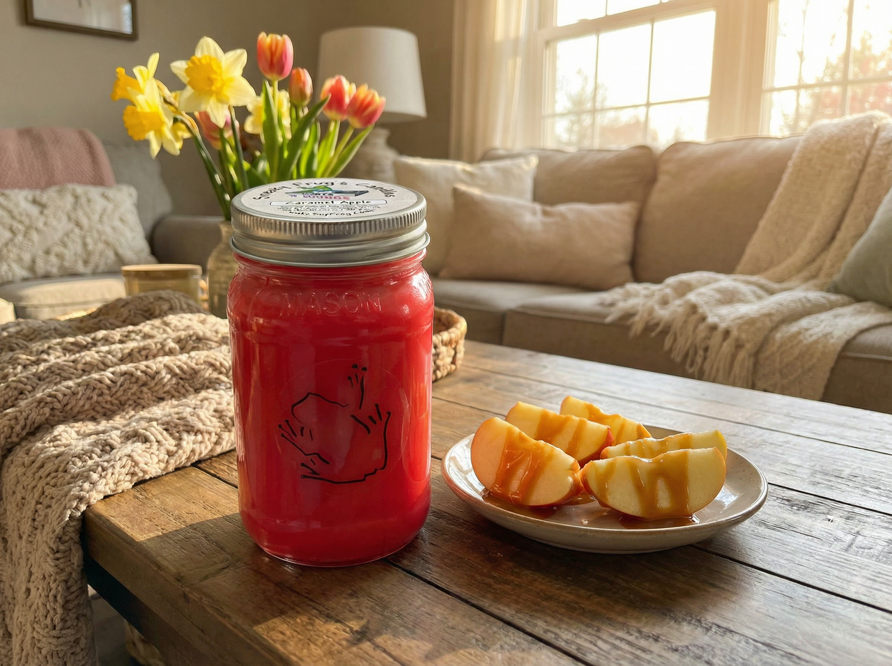 Caramel Apple - Scented Natural Soy Wax Candle - 16 Oz Mason Jar