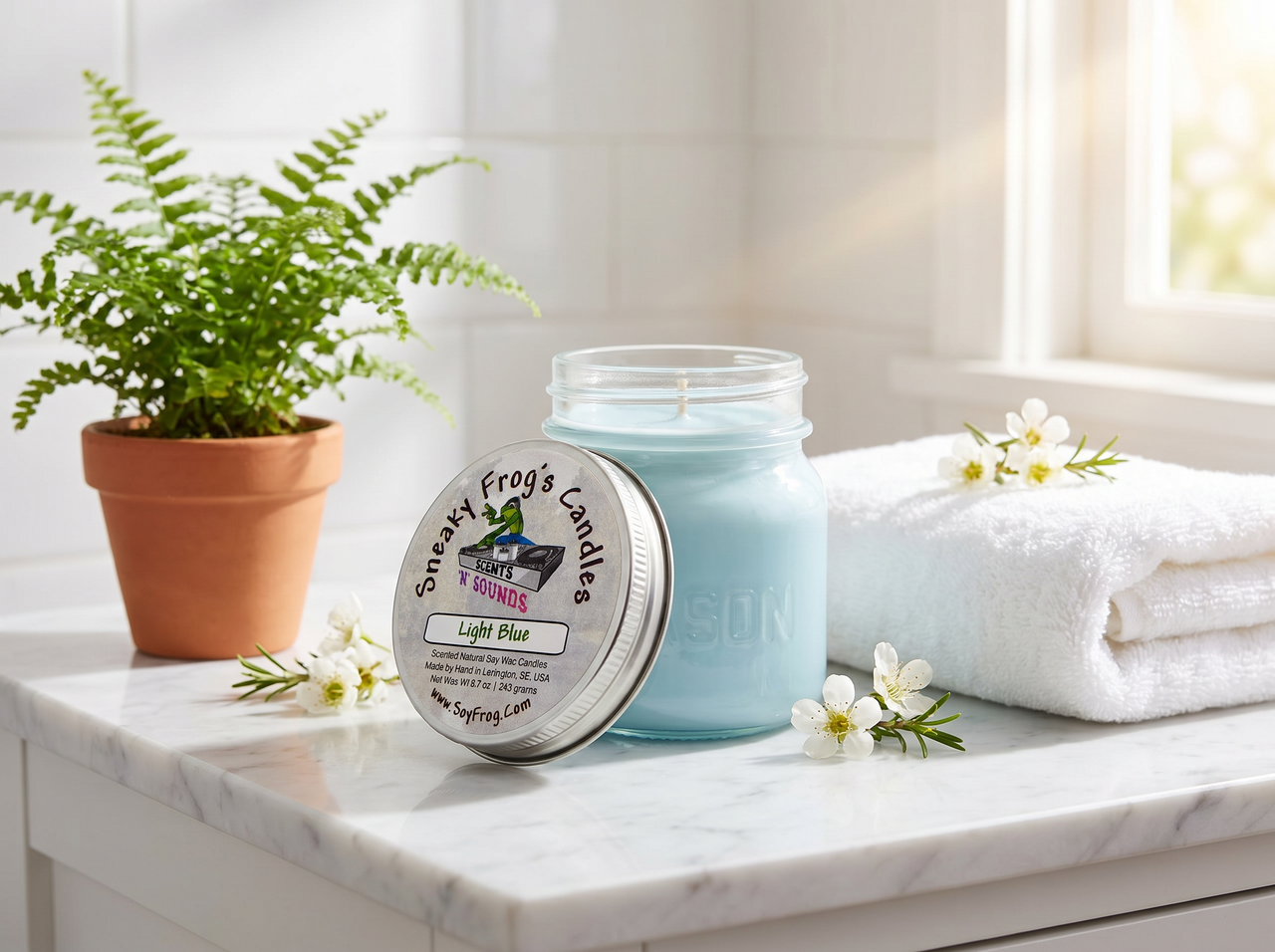 Light Blue - Scented Natural Soy Wax Candle - 8 Oz Mason Jar