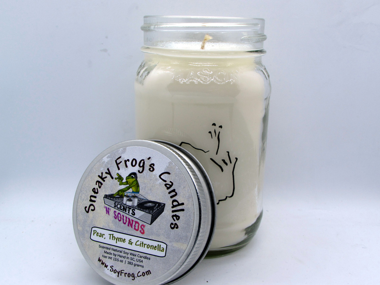 Pear 'n' Thyme Citronella - Scented Natural Soy Wax Candle - 16 Oz Mason Jar