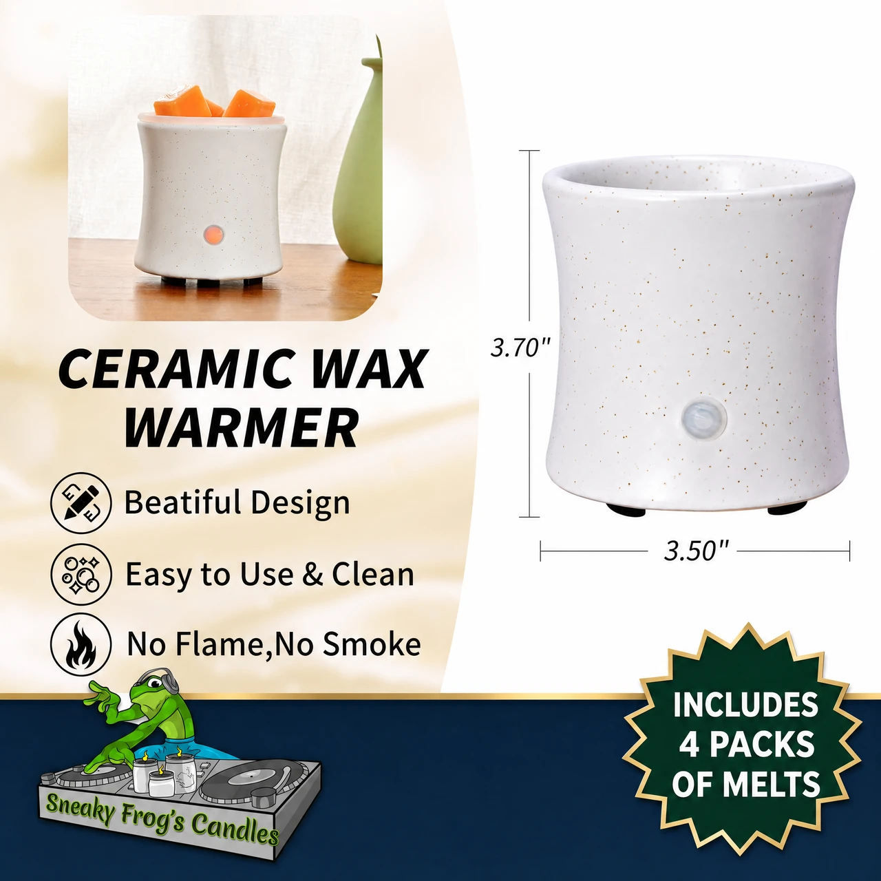 White Wax Melt Warmer w/ Silicone Dish, Built-In Timer & 4 Scented Wax Packs