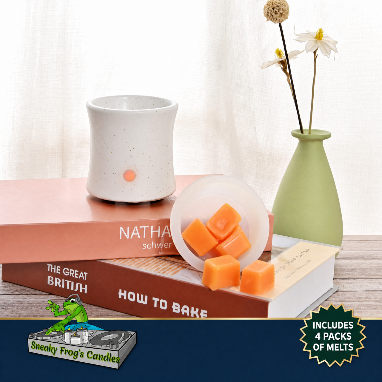 White Wax Melt Warmer w/ Silicone Dish, Built-In Timer & 4 Scented Wax Packs