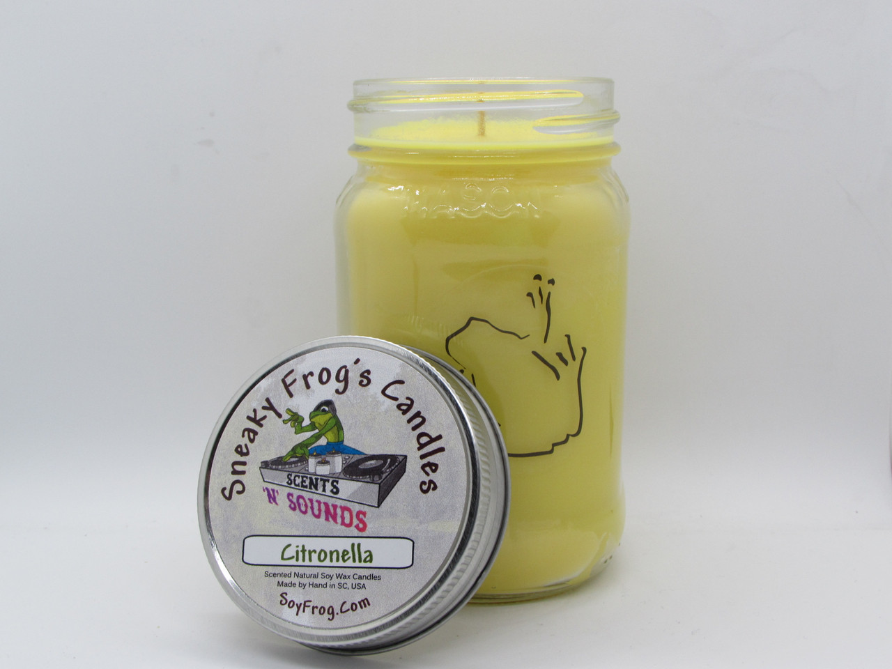 Classic Citronella -- Sneaky Frog's Candles 16 Ounce Mason Jar, Yellow, Metal Lid