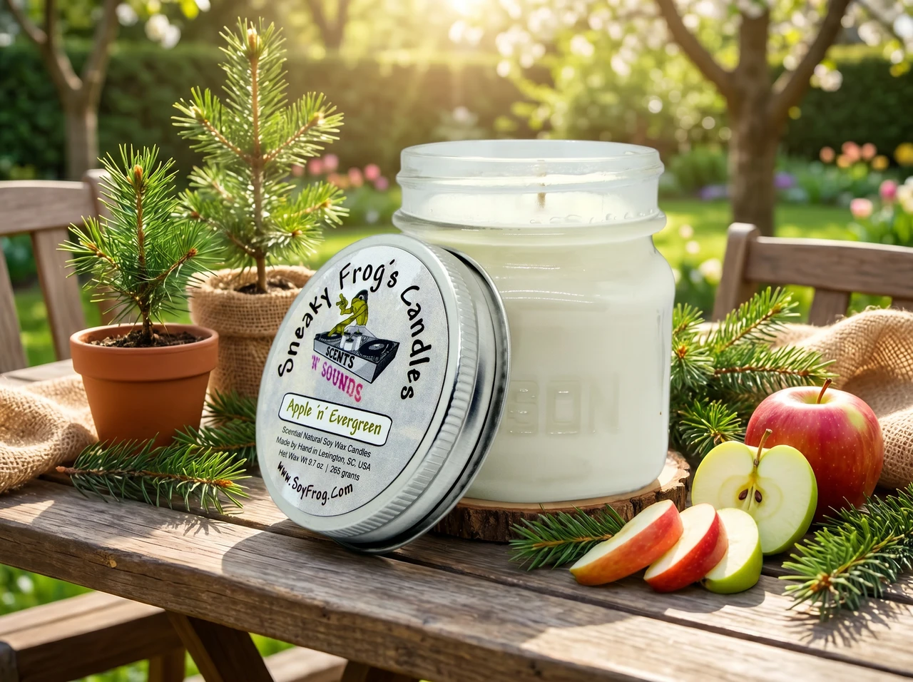 Apple 'n' Evergreen- Scented Natural Soy Wax Candle - 8 Oz Mason Jar