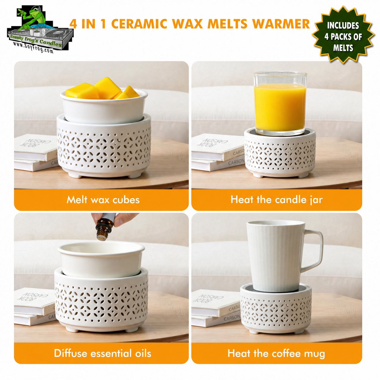 7-Color Round Ceramic Wax Melt Warmer in White & 4 Scented Wax Packs