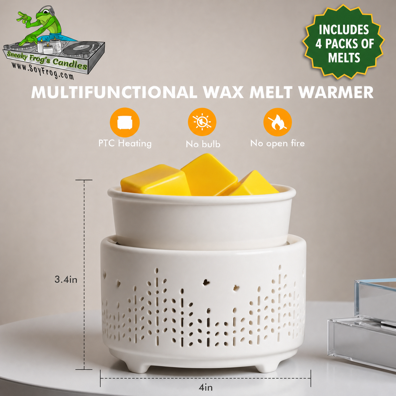 7-Color Round Ceramic Wax Melt Warmer in White & 4 Scented Wax Packs