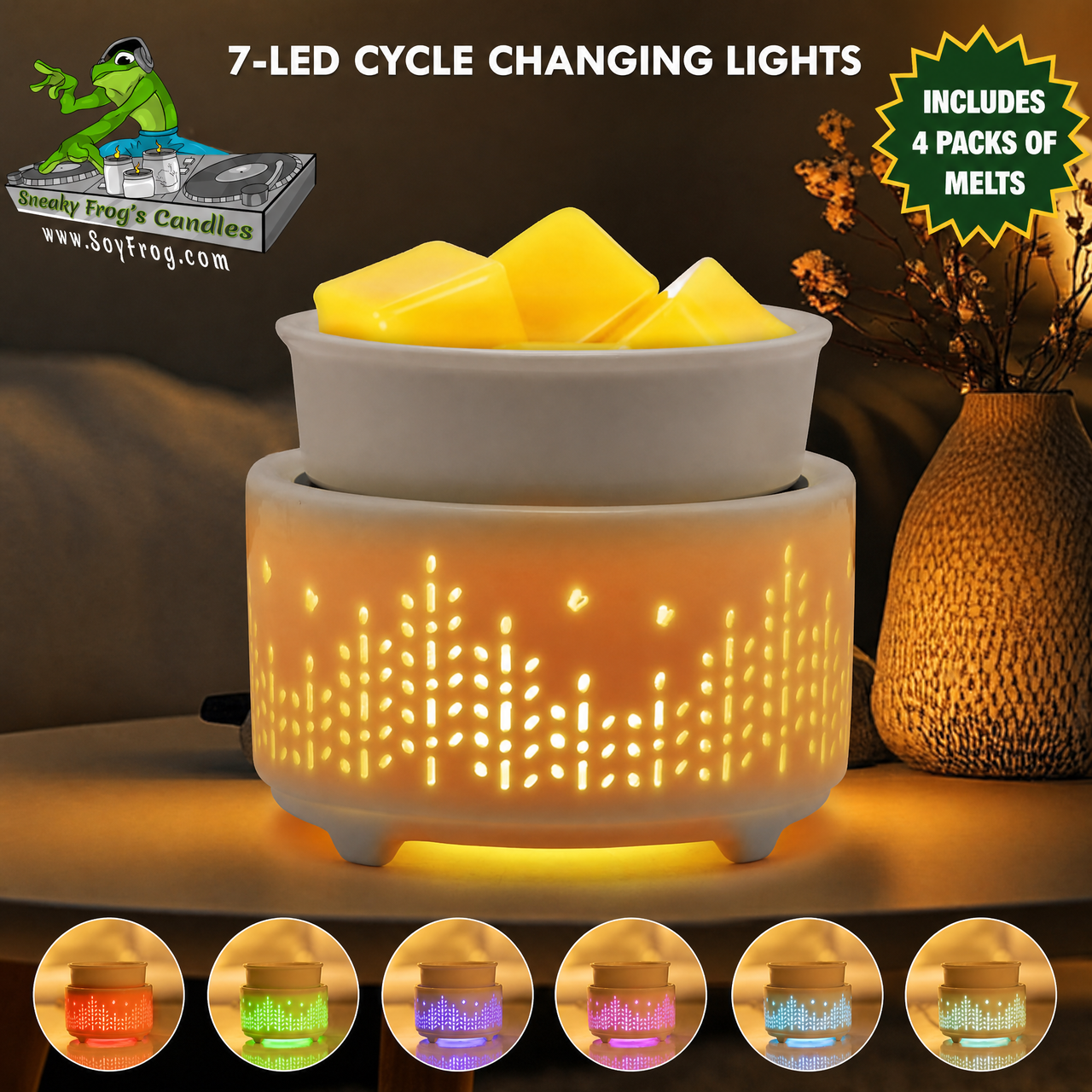 7-Color Round Ceramic Wax Melt Warmer in White & 4 Scented Wax Packs