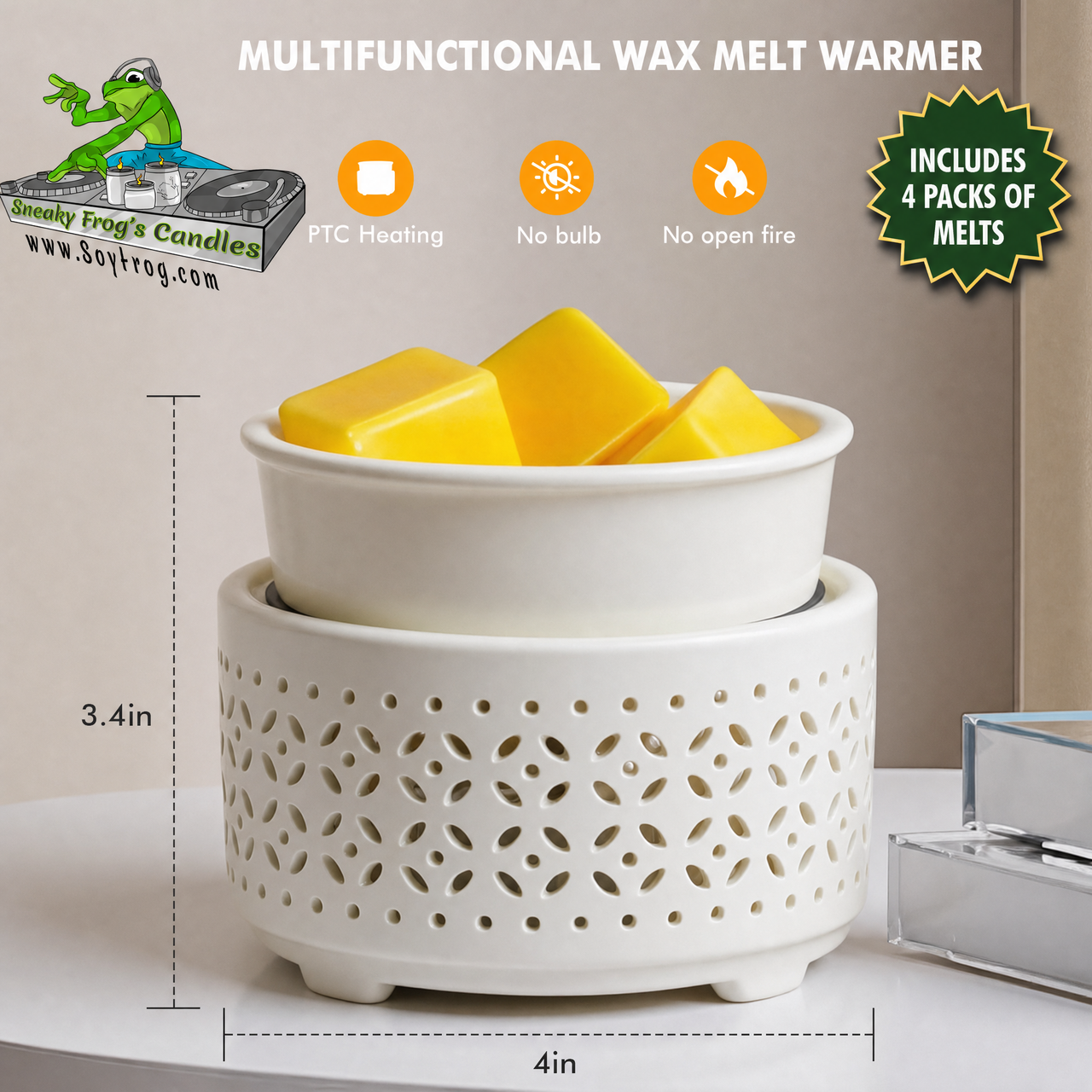 7-Color Round Ceramic Wax Melt Warmer in White & 4 Scented Wax Packs