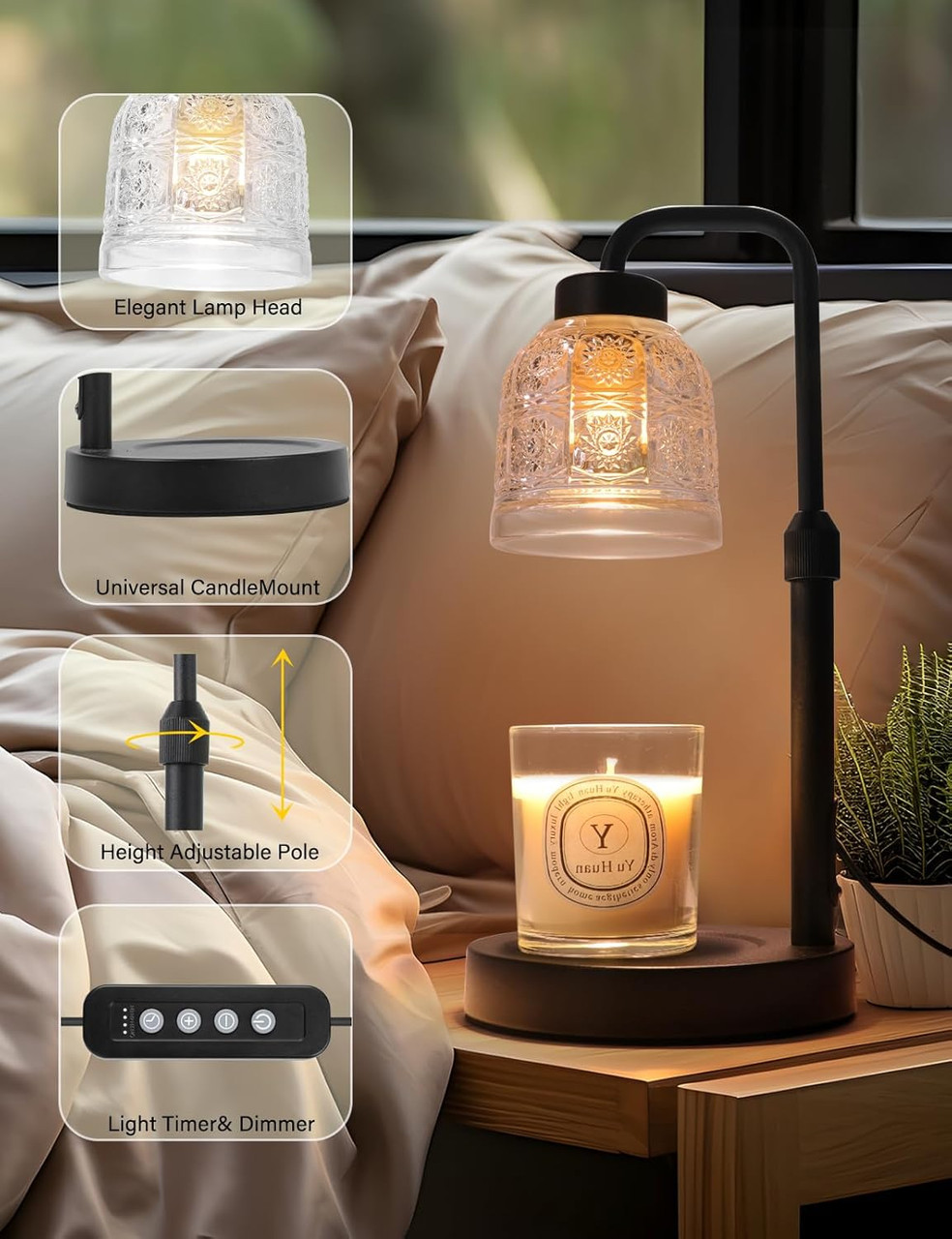Candle Warmer Dimmable Lamp with Timer for Jar Candles, Height Adjustable