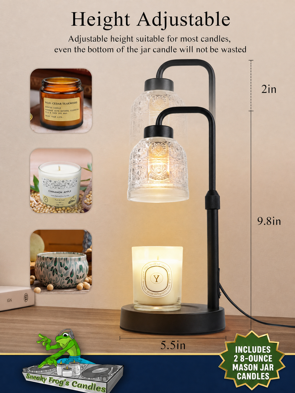 Candle Warmer Dimmable Lamp with Timer for Jar Candles, Height Adjustable -- Includes 2 x 8-Ounce Mason Jar Candles and Fast, Free Priority Shipping