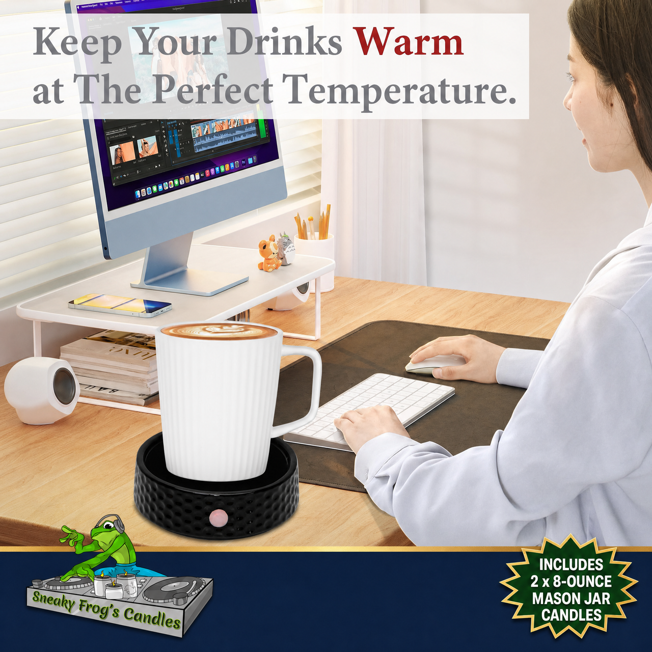 Compact Candle Warmer (Black) w/ 2 x 8-Ounce Scented Natural Wax Candles from Sneaky Frog