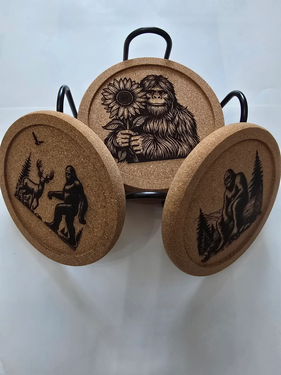 Kandle Koasters (Bigfoot) -  (6) Premium Cork w/ a Lip for Added Protection in a Black Iron Rack
