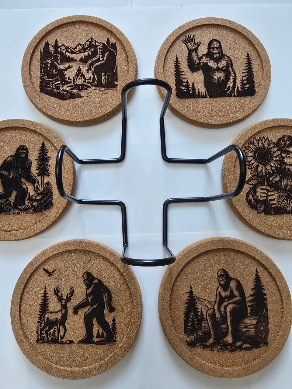 Kandle Koasters (Bigfoot) -  (6) Premium Cork w/ a Lip for Added Protection in a Black Iron Rack