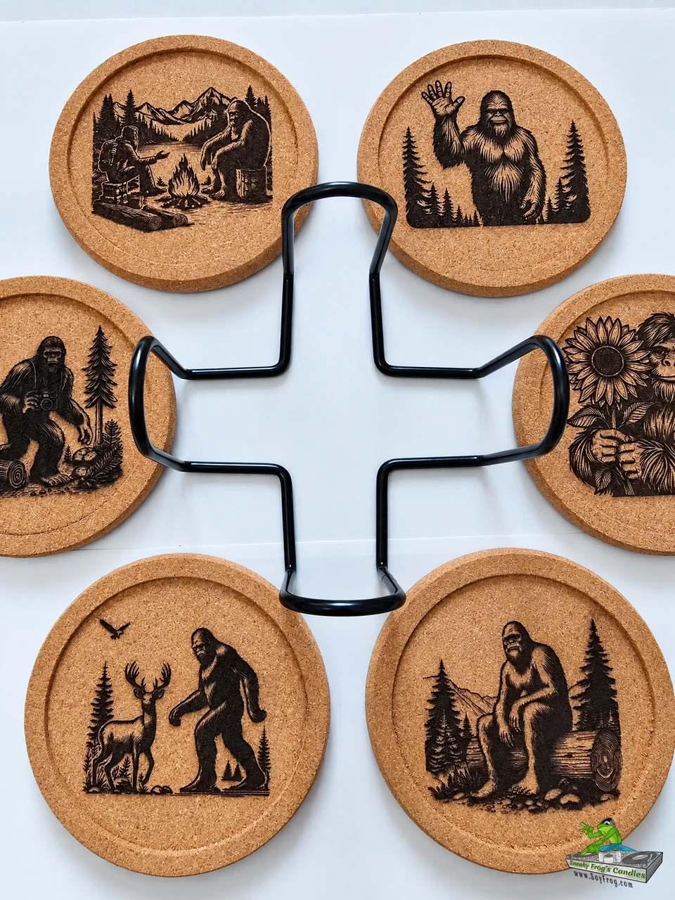 Kandle Koasters (Bigfoot) -  (6) Premium Cork w/ a Lip for Added Protection in a Black Iron Rack