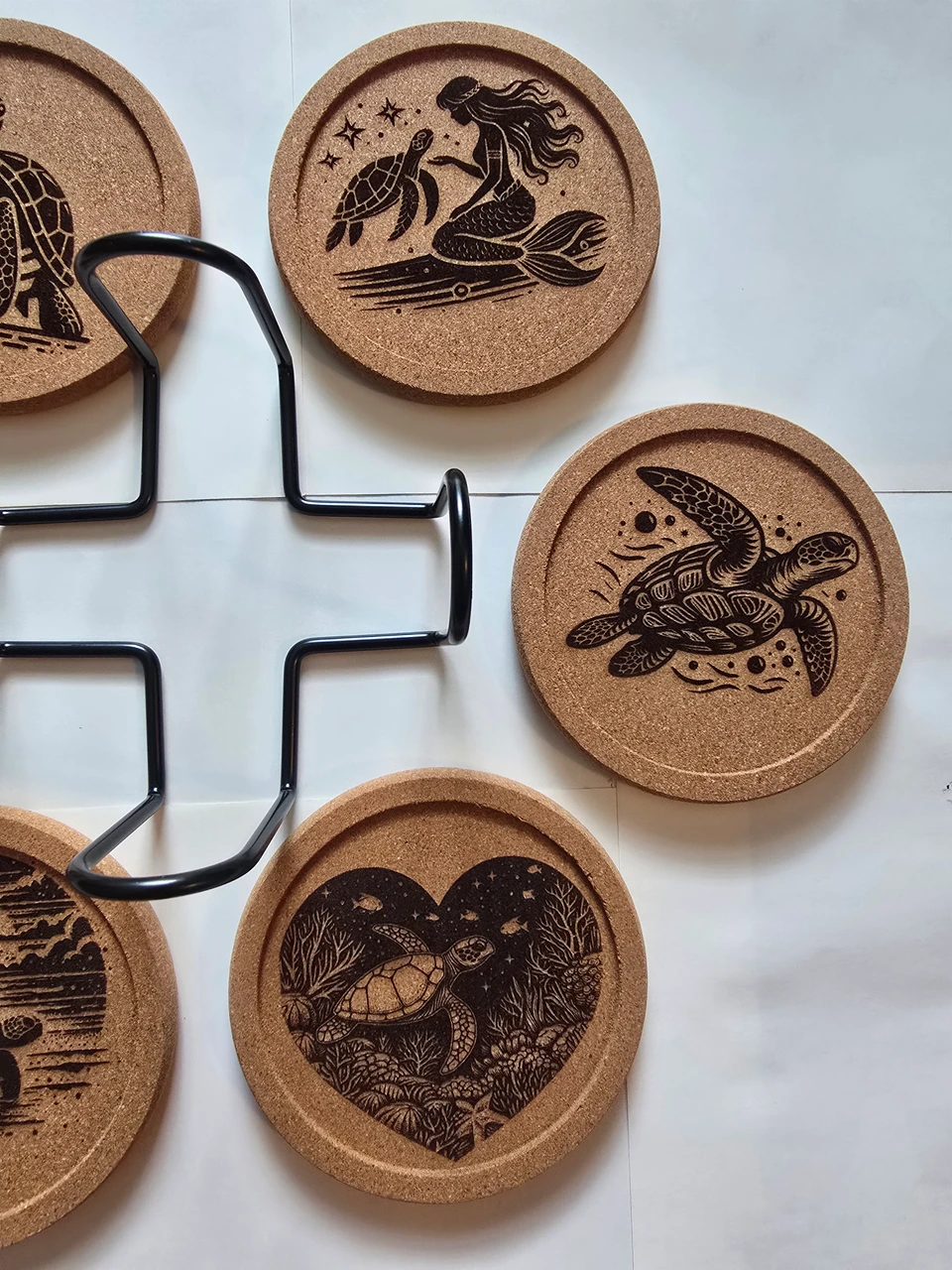 Kandle Koasters (Sea Turtles) -  (6) Premium Cork w/ a Lip for Added Protection in a Black Iron Rack