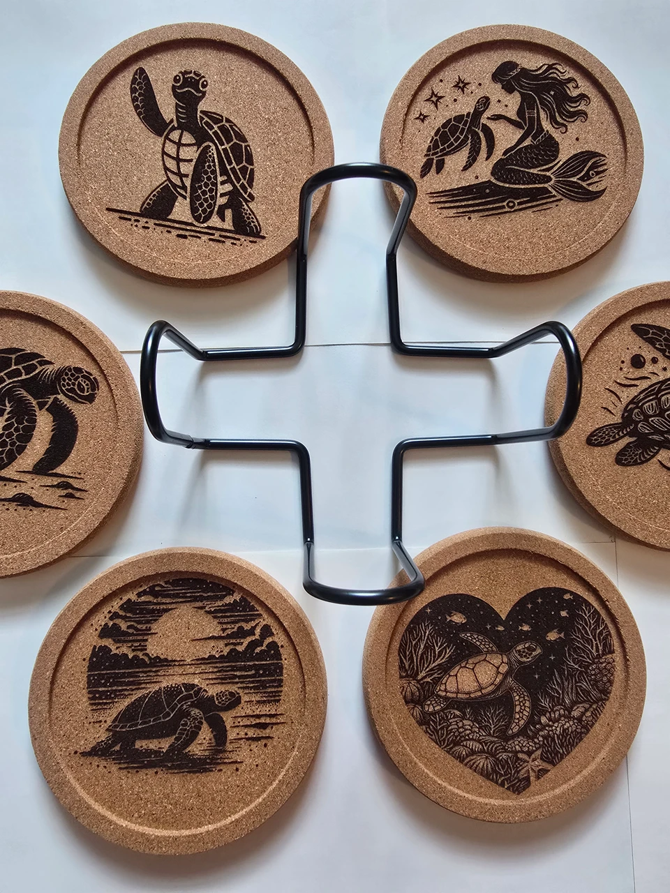 Kandle Koasters (Sea Turtles) -  (6) Premium Cork w/ a Lip for Added Protection in a Black Iron Rack