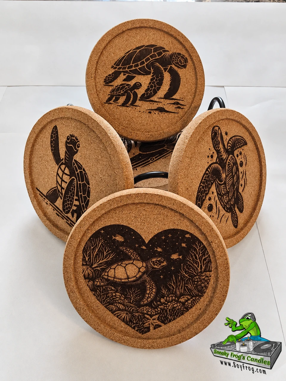 Kandle Koasters (Sea Turtles) -  (6) Premium Cork w/ a Lip for Added Protection in a Black Iron Rack