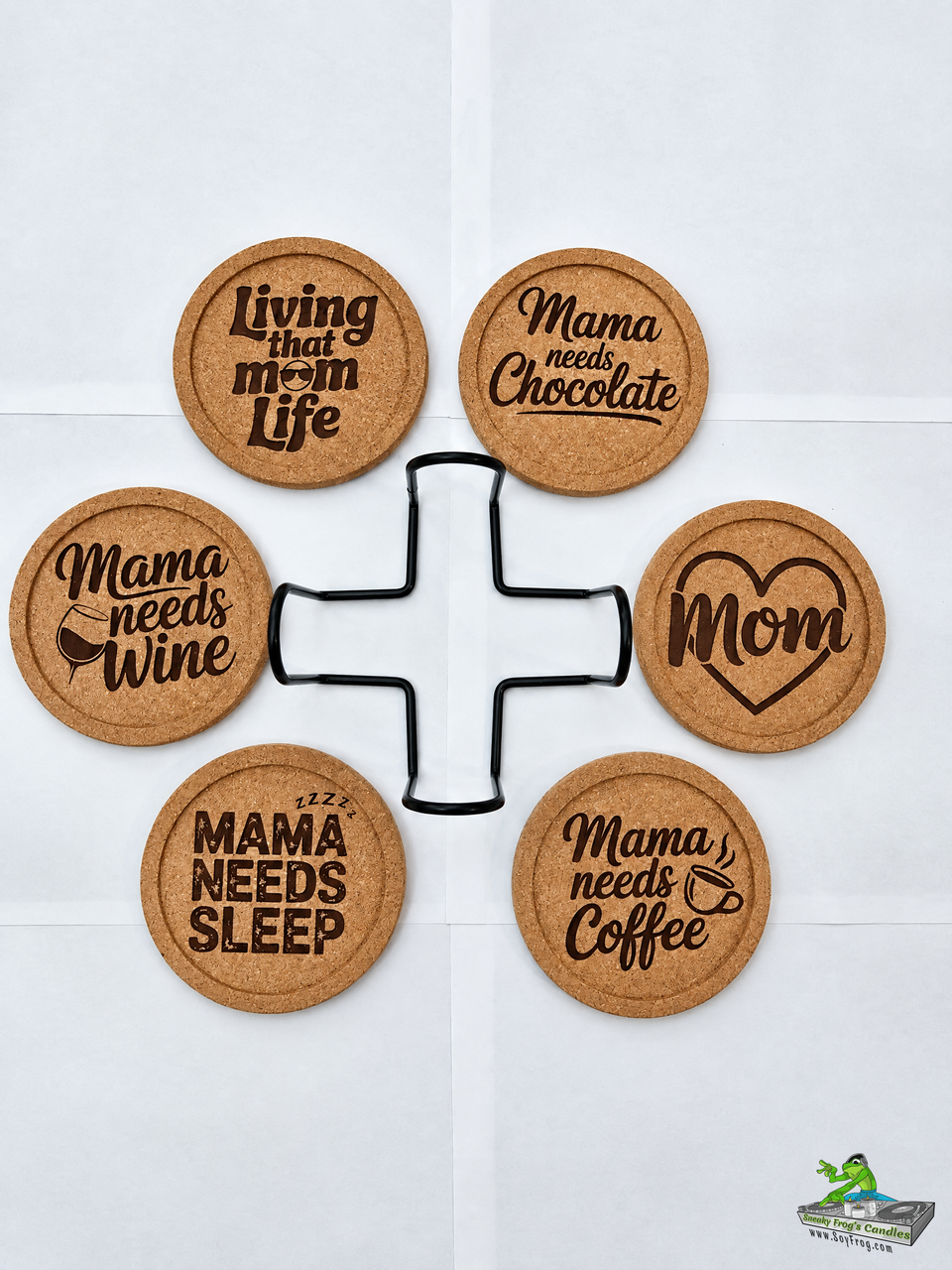 Kandle Koasters (Mom and Mama) -  (6) Premium Cork w/ a Lip for Added Protection in a Black Iron Rack