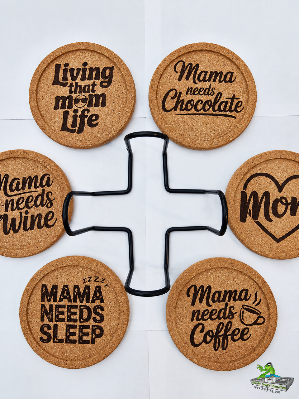 Kandle Koasters (Mom and Mama) -  (6) Premium Cork w/ a Lip for Added Protection in a Black Iron Rack