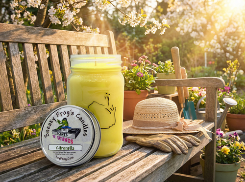 Classic Citronella -- Sneaky Frog's Candles 16 Ounce Mason Jar, Yellow, Metal Lid