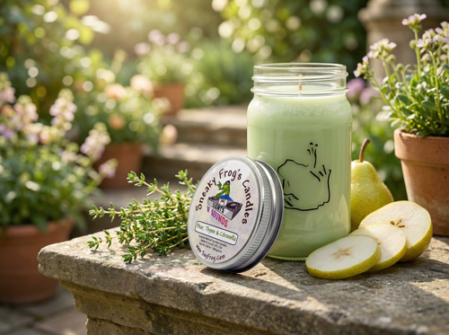 Pear, Thyme 'n' Citronella -- Sneaky Frog's Candles 16 Ounce Mason Jar, Yellow, Metal Lid