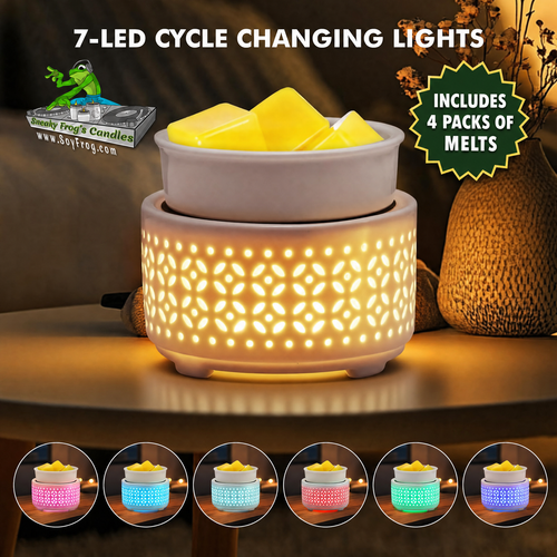 7-Color Round Ceramic Wax Melt Warmer in White & 4 Scented Wax Packs