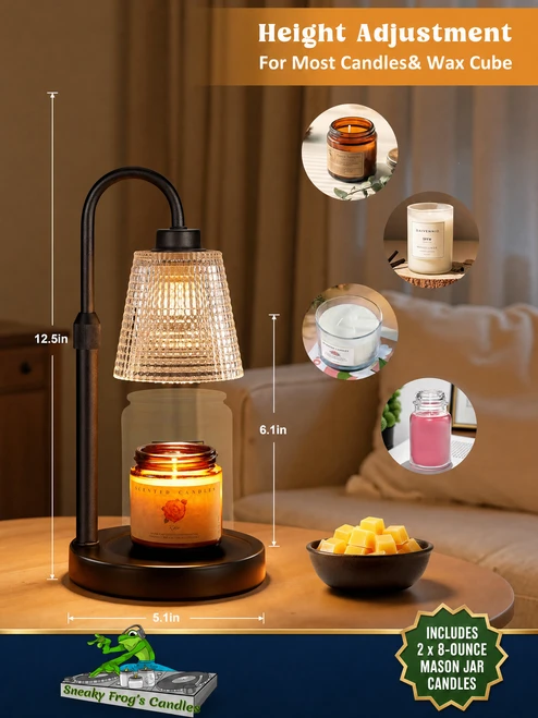 Candle Warmer Dimmable Lamp with Timer for Jar Candles, Height Adjustable – Includes 2 x 8-Ounce Mason Jar Candles and Fast, Free Priority Shipping