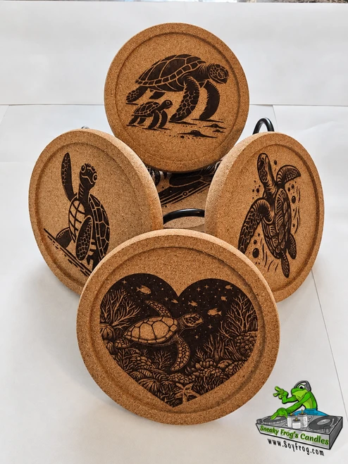 Kandle Koasters (Sea Turtles) -  (6) Premium Cork w/ a Lip for Added Protection in a Black Iron Rack