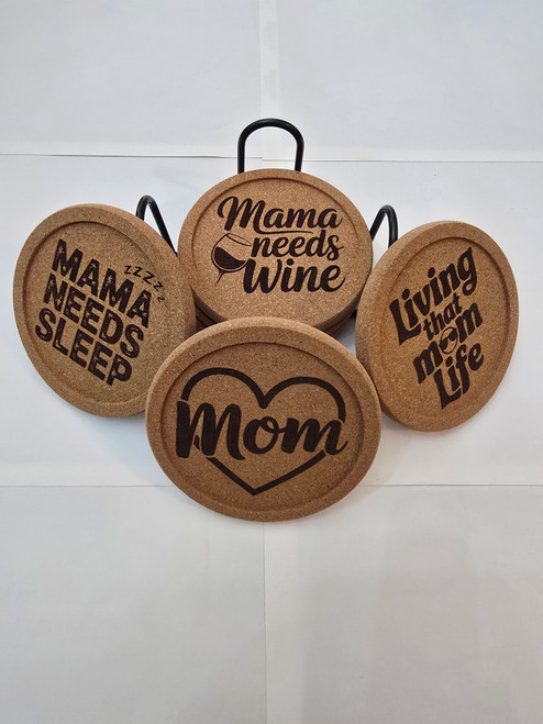 Kandle Koasters (Mom and Mama) -  (6) Premium Cork w/ a Lip for Added Protection in a Black Iron Rack
