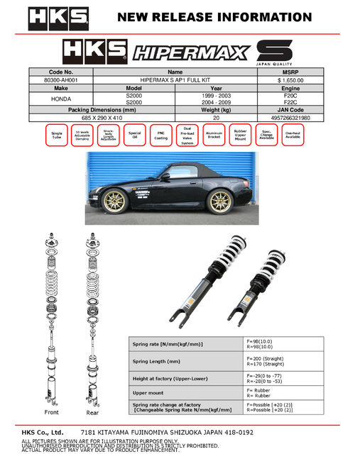 HKS Coilovers HIPERMAX S AP1 Full Kit For 99-03  Honda S2000 Front & Rear HKS Coilovers HIPERMAX S AP1 Full Kit For 99-03  Honda S2000 Front & Rear