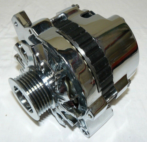 GM CS-130 STYLE 110 AMP CHROME ALTERNATOR WITH SERPENTINE PULLEY AND SBC LWP CHROME ALTERNATOR BRACKET
