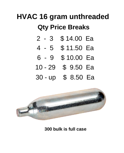 10 pack of HVAC 16 gram Unthreaded CO2 Cartridges 8.3mm Neck Diameter