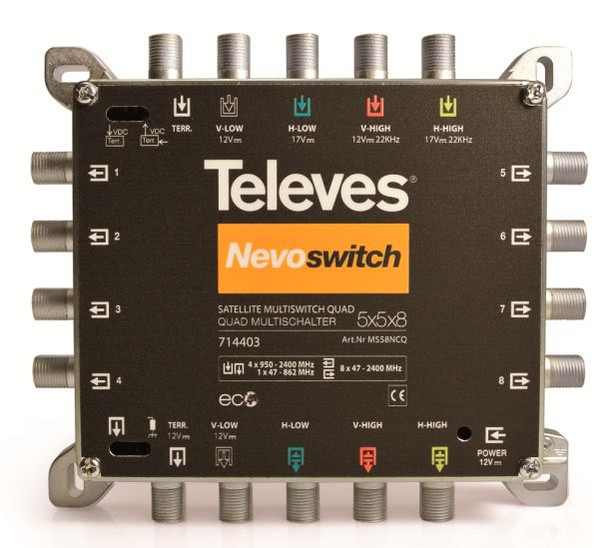 TELEVES Nevo QUAD 5x5x8 CASCADE/TERMINATE c/w 800mA PSU - Receiver or Line Powered