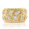 Wide solid 14K yellow gold band ring with cubic zirconia pear and cubic zirconia round stones.