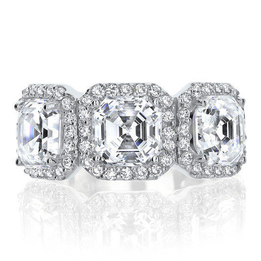 Avalon Three Stone Asscher Halo Designer CZ Ring, 4.05 Carats TW Avalon Three Stone Asscher Halo Designer CZ Ring, 4.05 Carats TW