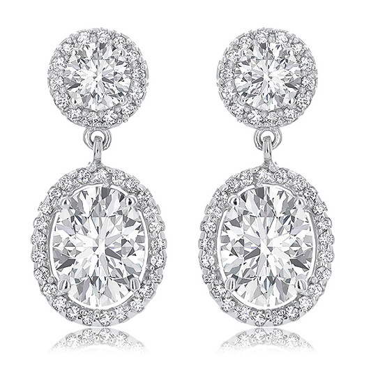 Skye Halo Oval Cubic Zirconia Drop Earrings in 14K White Gold