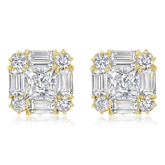 Contessa CZ Princess Cut with Rounds & Baguettes Earrings in Yellow Gold