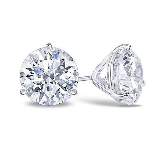 2.0 Ct Each Martini 3 Prong Round CZ Stud Earrings in 14K White Gold with Threaded Posts