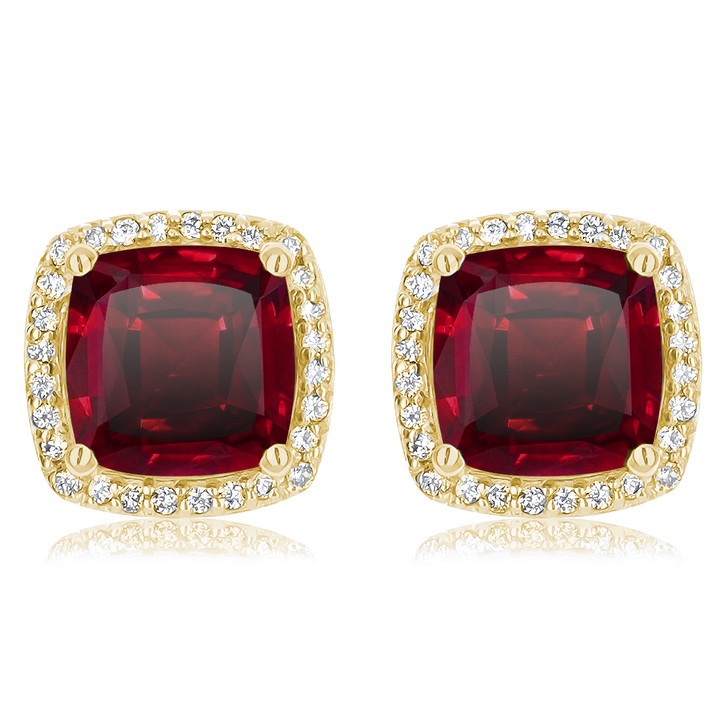 14K Solid Yellow Gold Cushion Cut Ruby Stud Earrings - Basket Setting 2-3 CTW